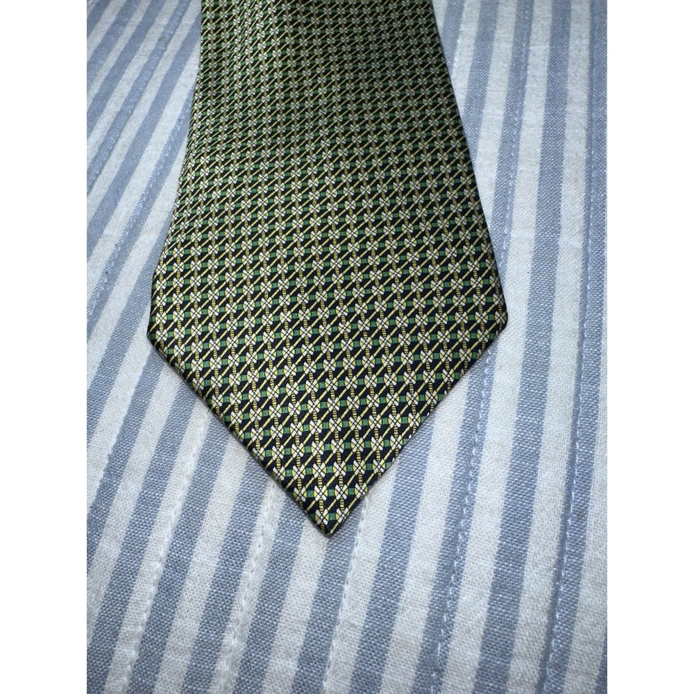 UMO‎ Lorenzo Italy 100% Silk Tie Geometric Navy Green Yellow Men's Tie
